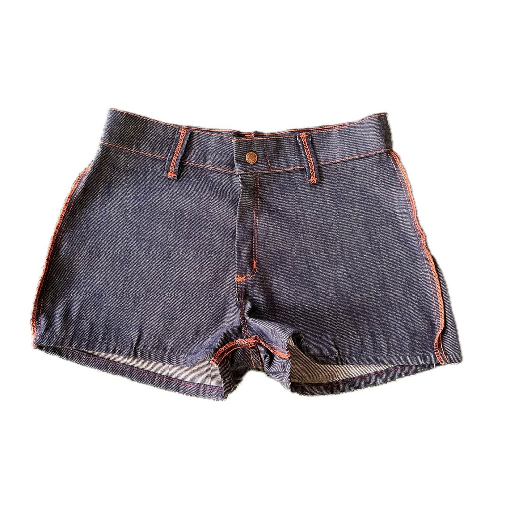Vintage 70s Dark Wash Denim Hot Pants Orange Stitch High Waist Shorts 29